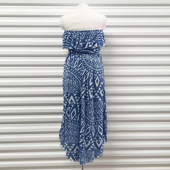 Sweet Pea Dress Womens Small Blue Strapless Faux Wrap Elastic Midi - Picture 2 of 9